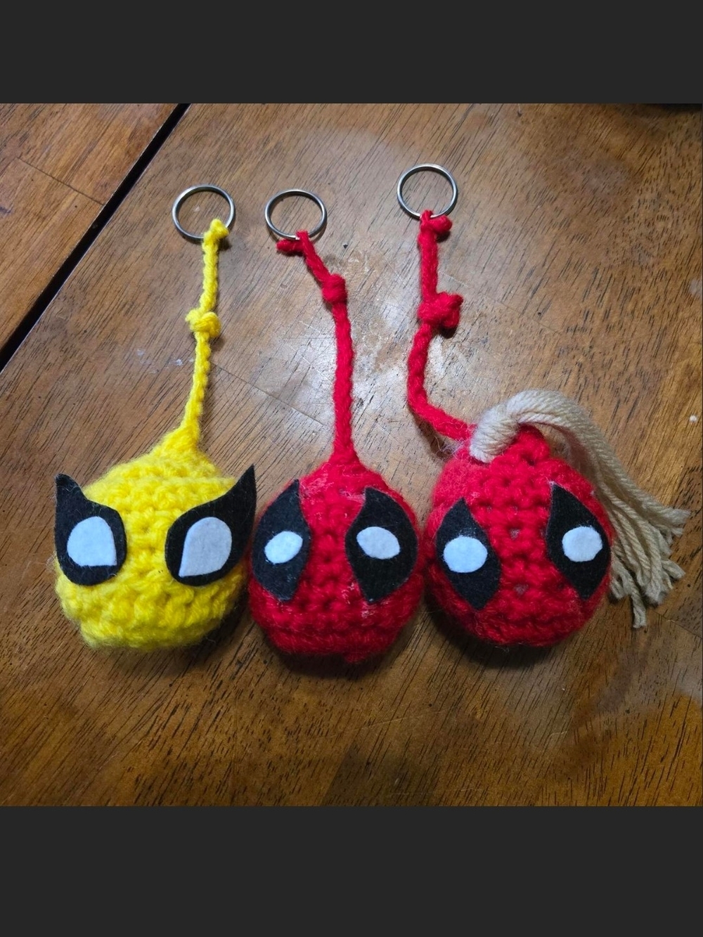 Handmade Crochet Deadpool, Wolverine, And Ladypool Keychains